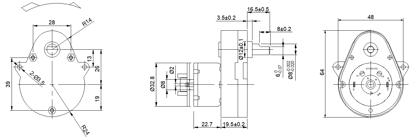 48mm DC Geared Motor Dimension Drawing